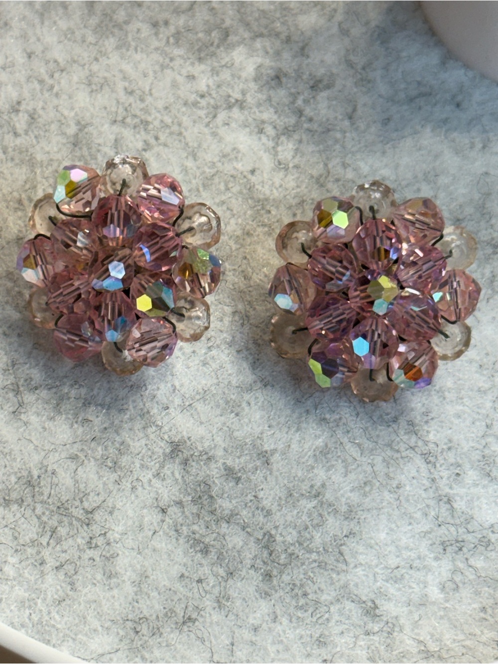 Sparkly Pink Crystal Cluster Clip-On Earrings, Vintage Romantic Style 1950’s